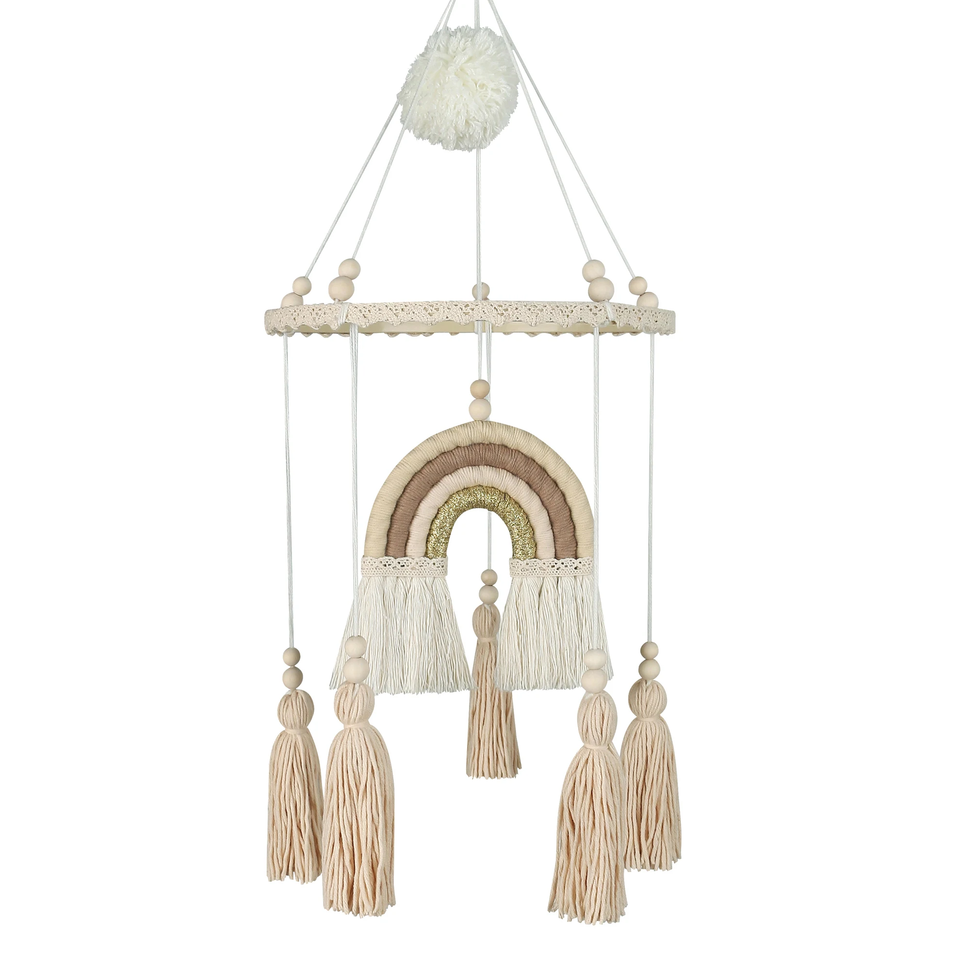Handmade Woven Rainbow Wooden Multi Color Safe Baby Toy Ornaments Crib Pendant With Tassel For Baby Bed Decoration