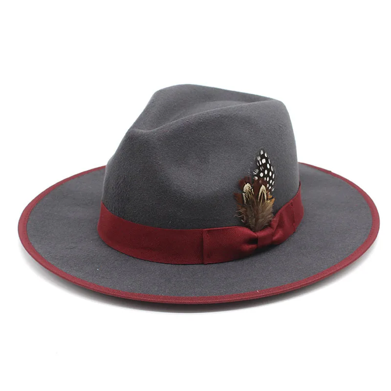 Classic Fedora Hats With  Feather Wide Brim Wool Felt Hat For Travel Vintage Style Fedora