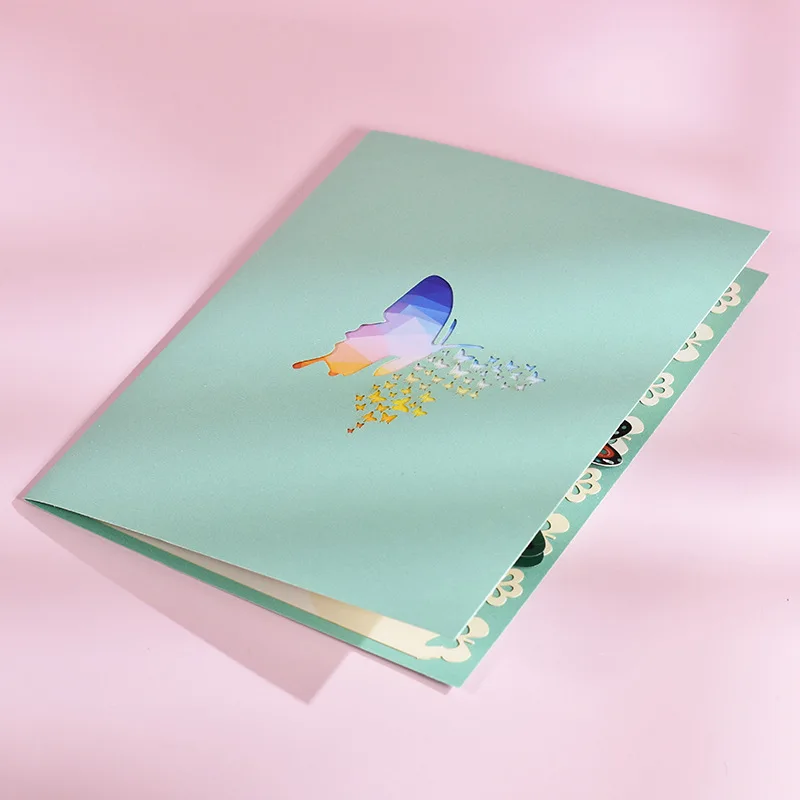 Unique Customized Birthday Colorful Butterfly Flower Blue Basket Valentine 3D Pop Up Greeting Card