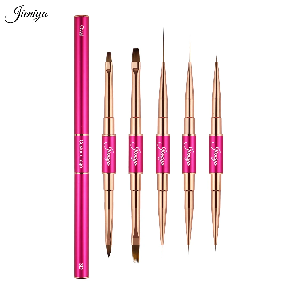 Double Sided Pink Metal Handle Rose Gold Ferrule Nails Art 3D Acrylic Gel Brush 2 in 1 Detailing Liner Brush