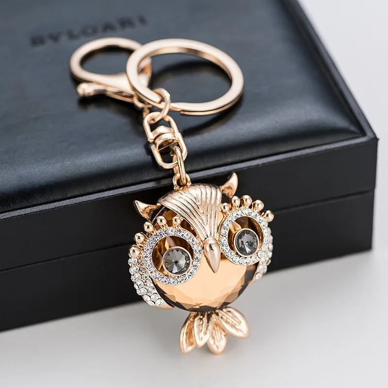 Best Selling Metal Zinc Alloy Crystal Owl Cute Rhinestone Key Bag Buckle Car Pendant Keychain