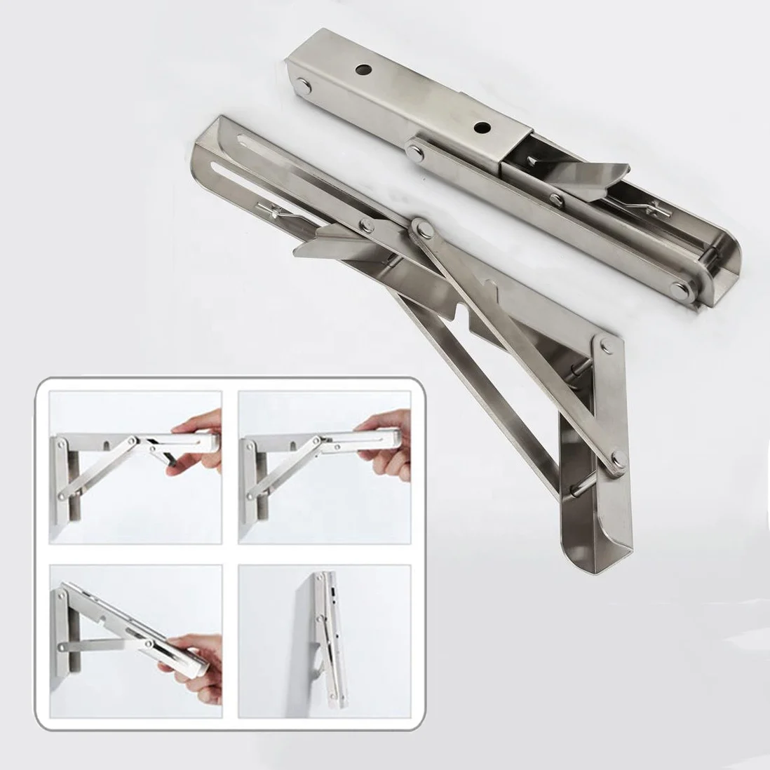 RheTech Heavy Duty Stainless Steel Made Folding Collapsible Space Saving DIY Shelf Brackets for Table Work Bench