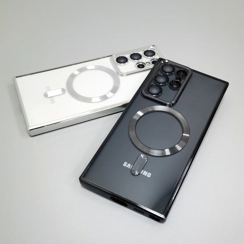 Luxury Transparent Plating Magnetic Case for Samsung Galaxy S21 S22 S23 Ultra Plus Wireless Charger Silicone Clear Cover Cases