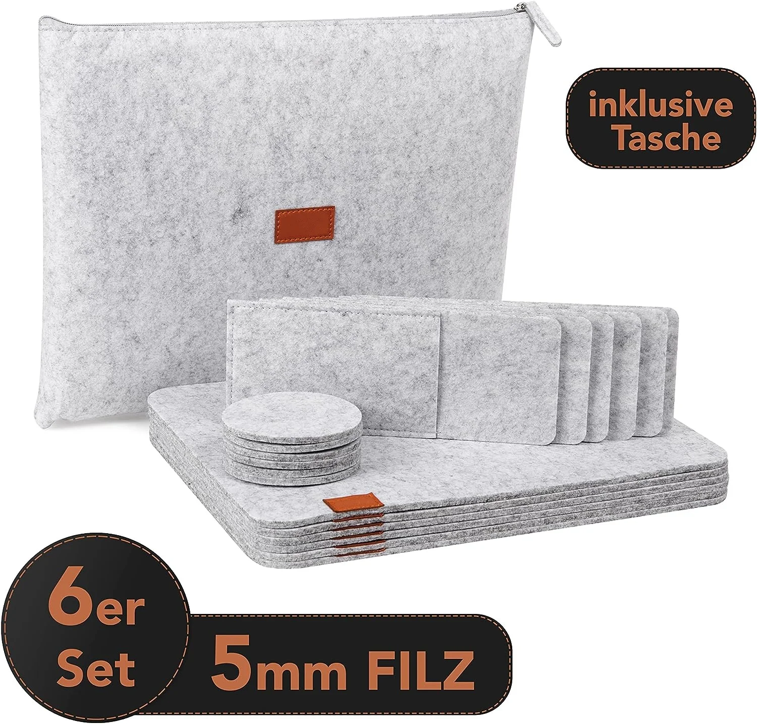 19 Pack Light Grey Felt Zip Pocket Packed Rectangle Felt Placemats with Round Felt Coasters and Cutlery Bag for Dining Table