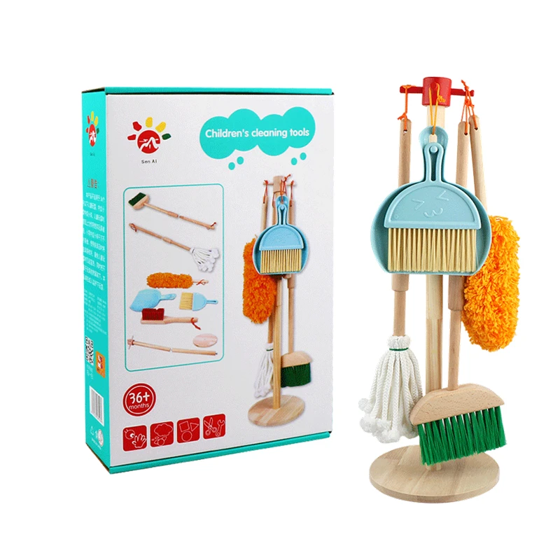 Wooden Detachable Toy Cleaning Set, Kids Cleaning Toys 6 Piece - Hanging Stand Play Kitchen Cleaning Tools for Kid Gift