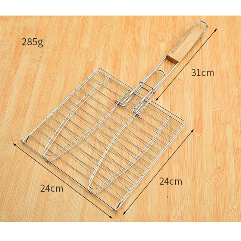 Barbecue tool thicken double fish barbecue mesh grill basket BBQ rack barbecue clip for fishes wooden handle