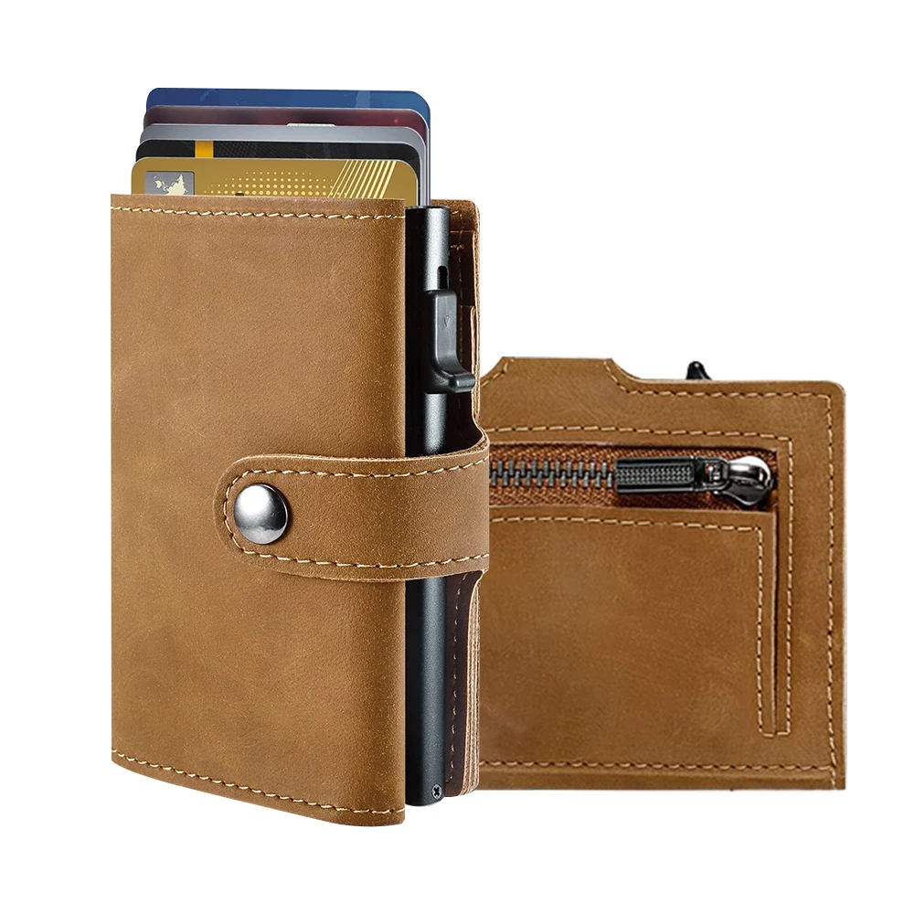 Customized Leather Aluminum Holder Card Holder Men Zipper Coin Purse Rfid Credit Card Holder Pop up Wallet