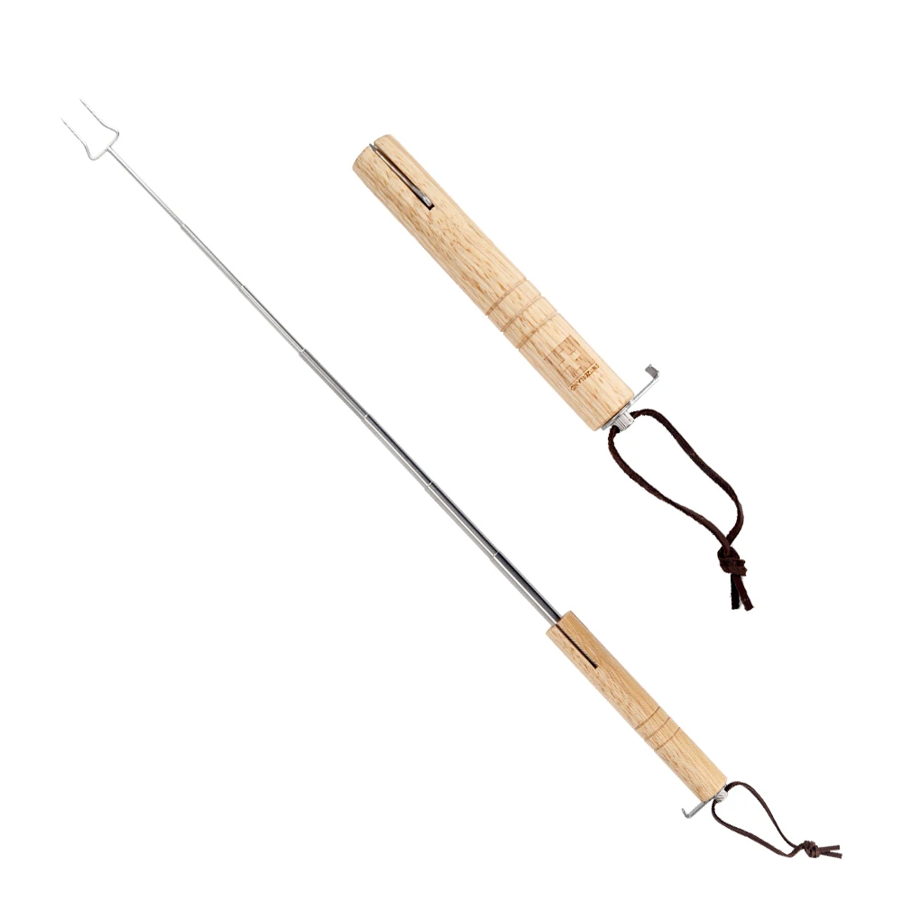 wholesale telescopic bbq marshmallow roasting stick barbecue fork with wooden handle