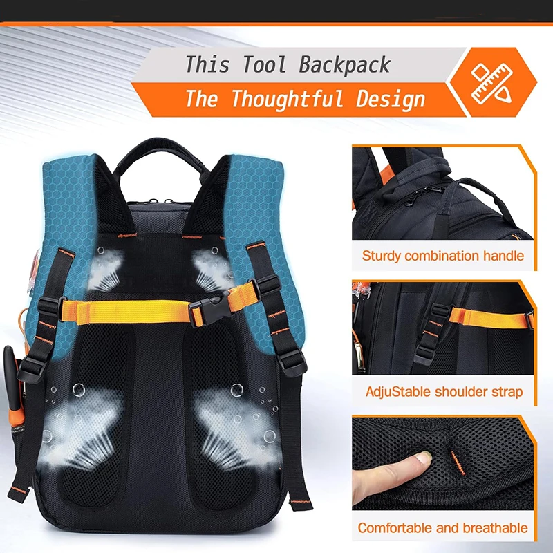 Waterproof Tool Bag With Laptop Compartment Durable Tool Carrier with Charging Port Large Capacity Tools Storage Backpack