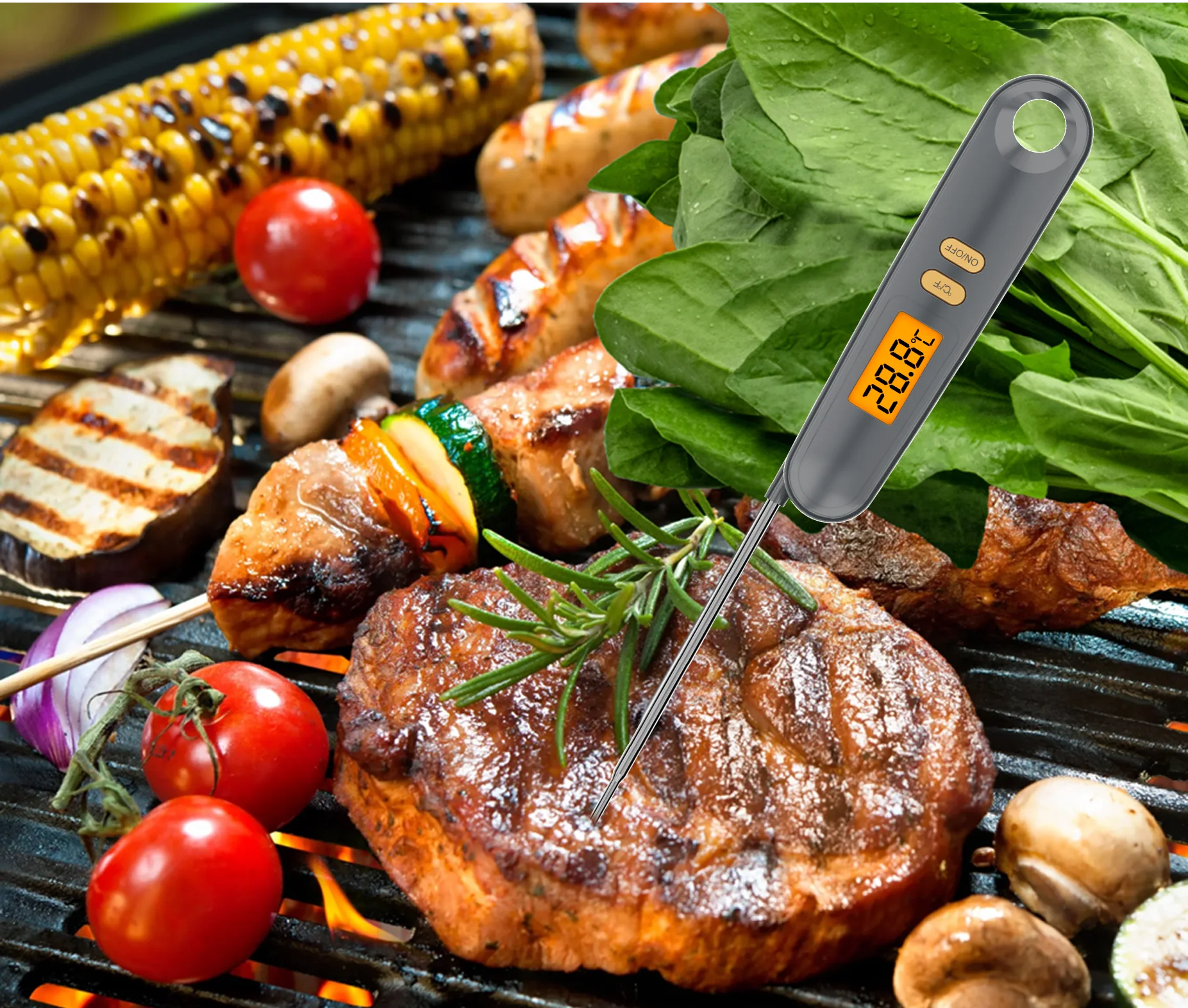 LCD Backlight Display Foldable Stainless Steel Magnet Instant Read Meat Thermometer Digital