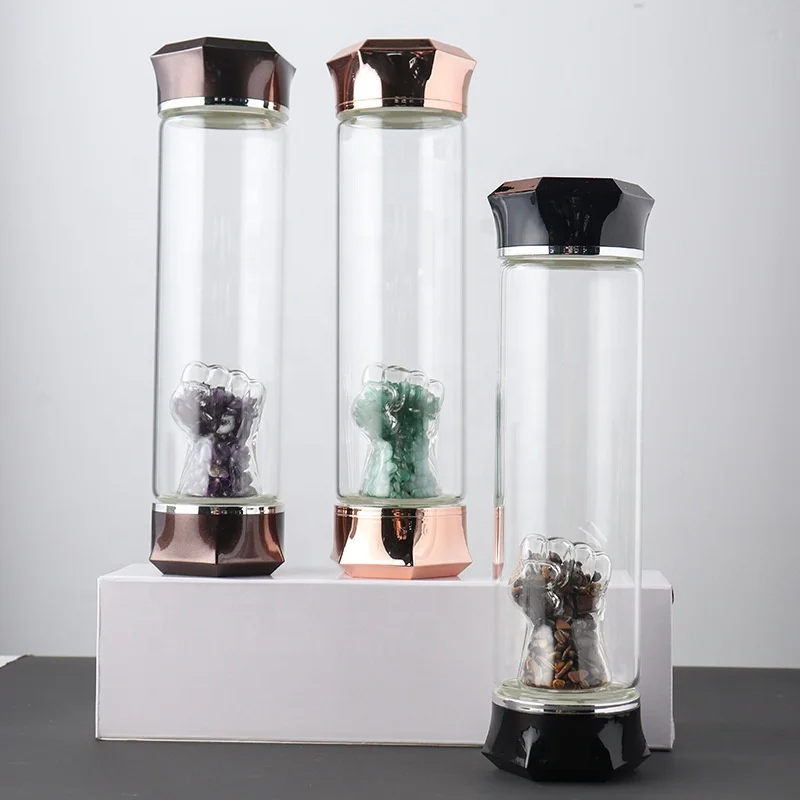 Energy Rose Quartz Crystal Infused Glass Water Bottle with Dreamy Amethyst Healing Wand and protective sleeve bag 550ml 18oz