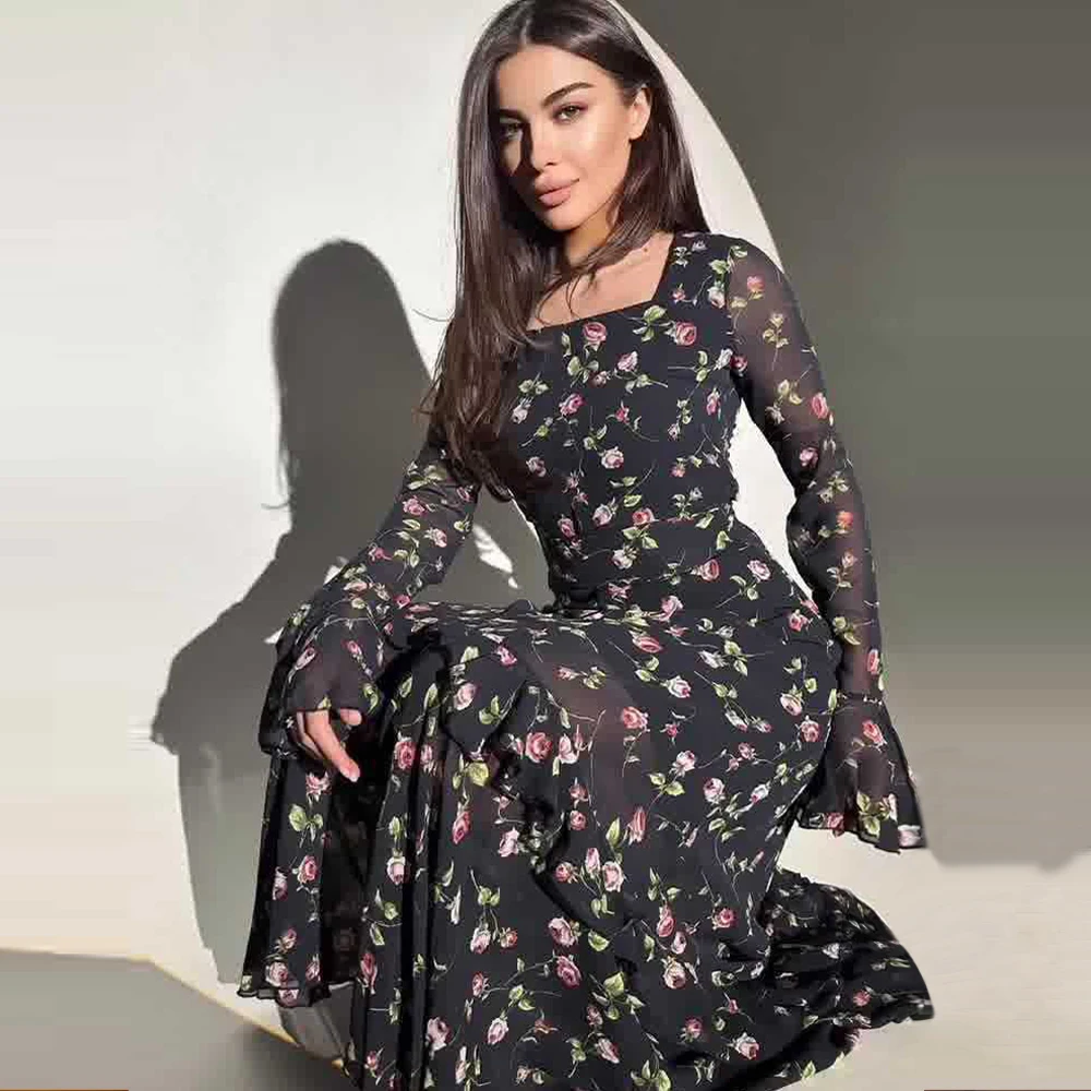 Middle East New Arab Muslim Dubai Evening Dress Turkey Abaya Islamic Chiffon Rose Ruffle Sleeve Patchwork Irregular Dress 7404