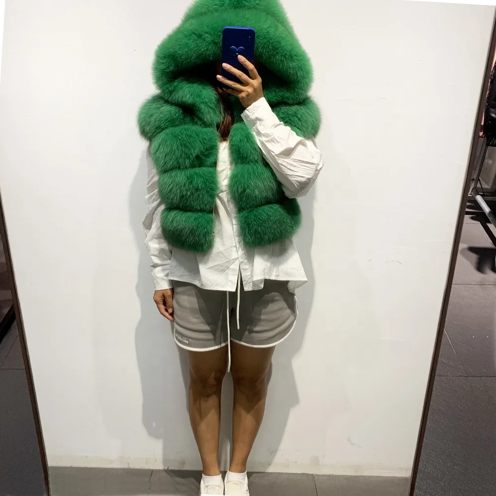 Raccoon Fur Hooded Vest Real Fox Fur Jacket Sleeveless Ladies Natural Fur Cloth Hooded