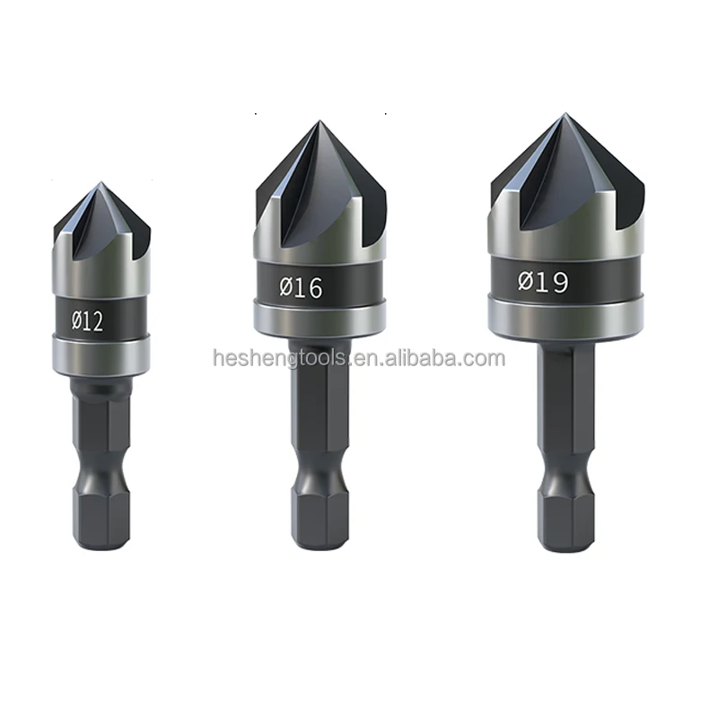 3PCS Carbon steel 90 degrees round handle five edge chamfering device three 12/16/19mm chamfering drill hole for cutting wood