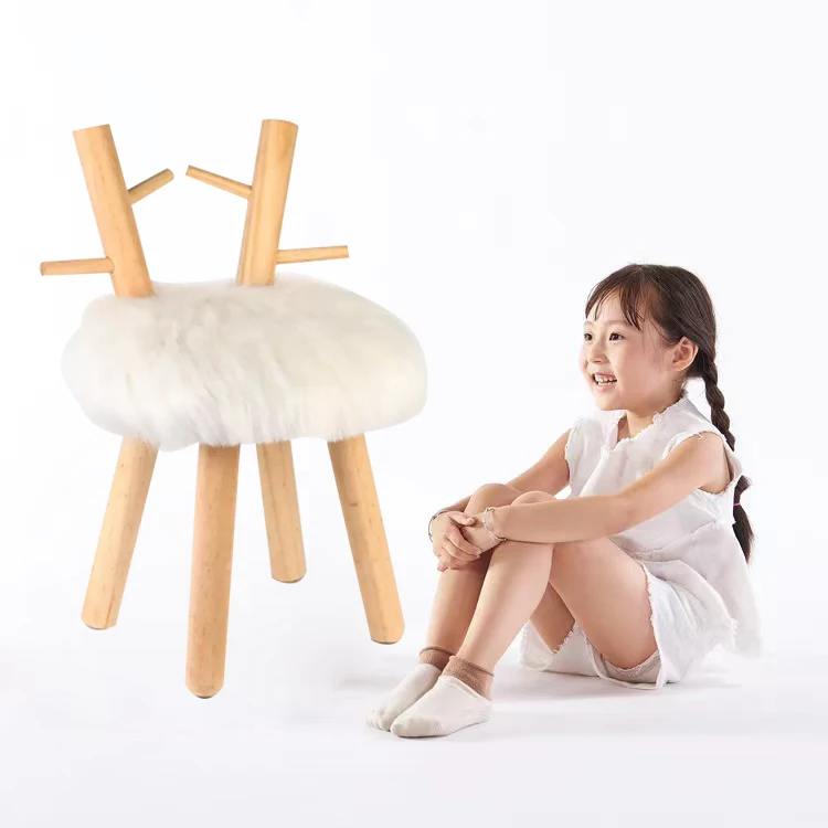 K&B high quality white lovely bambi animal  kids baby fur stool with solid wood frame