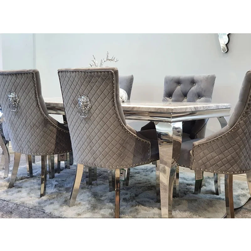 grey 6 chairs seater stainless steel legs silver base artificial faux marble top dining table set