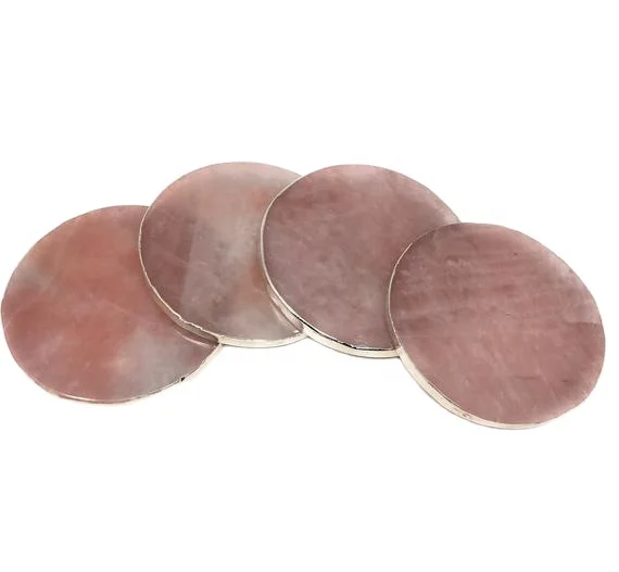 
round rose quartz coaster, rose quartz coaster with gold rim for table decoration  (62555304521)