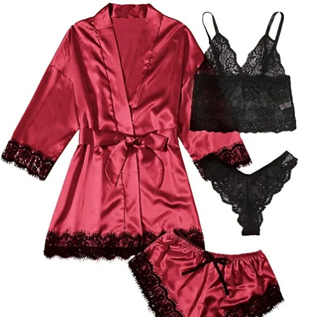 Factory direct sales Women girl 4 pcs women satin robes nightgown set