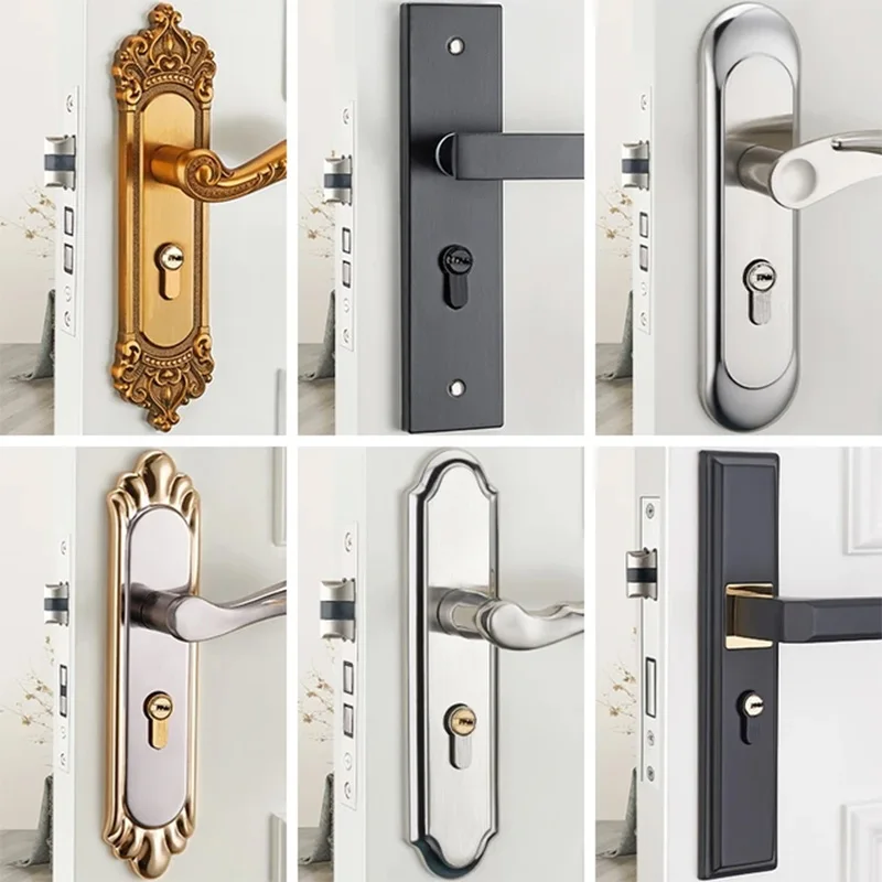 Wooden Door Handle Mute Stainless Steel Handle Lock Modern Entrance Door Pull Handle Mortise Door Lock Set Hardware