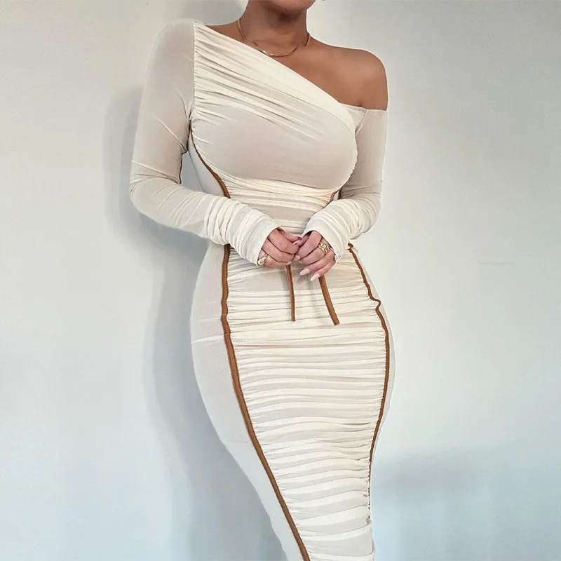 2024 Fall Off The Shoulder Mesh Long Sleeve Midi Long Dress Party Y2K Streetwear Elegant Evening Casual Clothing