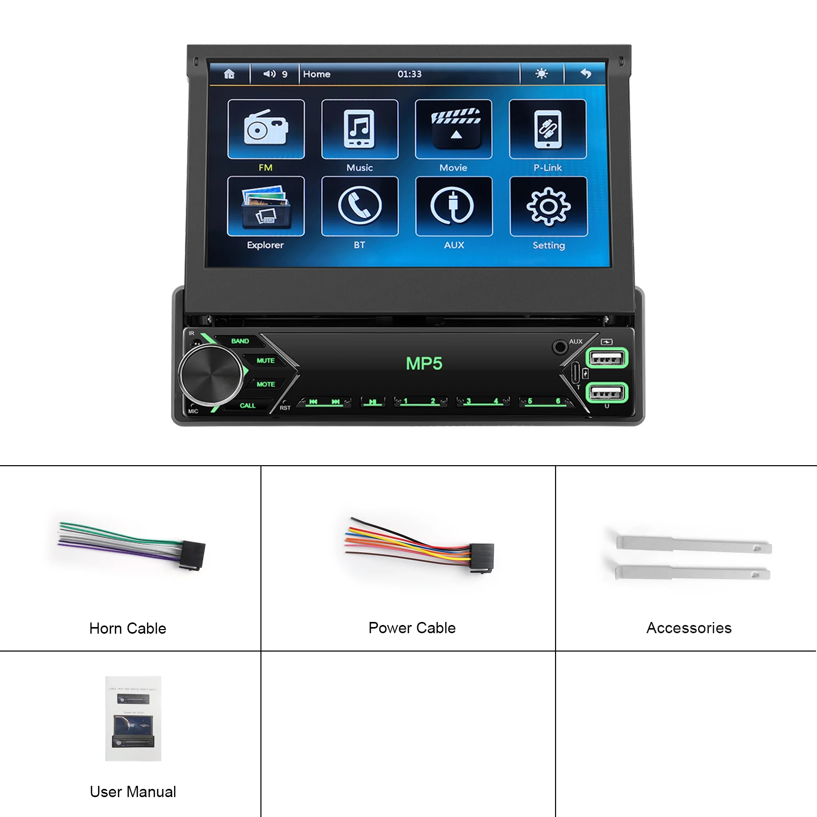 Podofo Single Din Car Radio Stereo 7' Car MP5 Player Retractable Touch Screen Auto Electronics BT FM USB Type-C