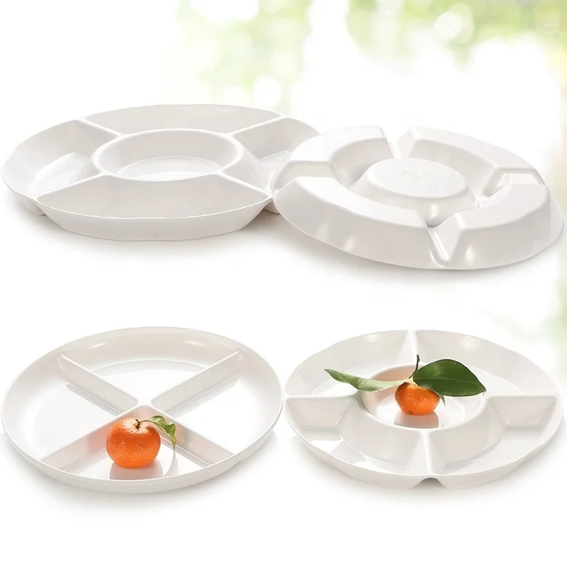 Round Plastic Melamine Fast Food Compartments Divided Lunch Cutlery tray plate for canteen Restaurant