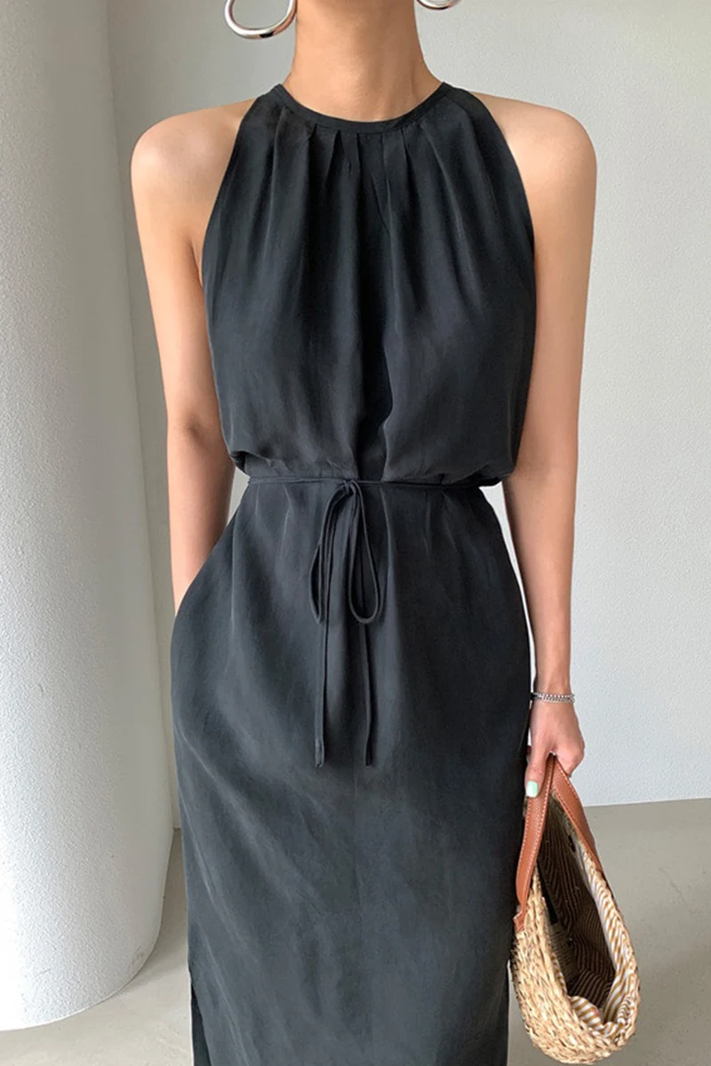 Wholesale 2022 Korean Chic Summer Simple Halter Neck Pleated Off-shoulder Careful Machine Lace Waist Slit Dress