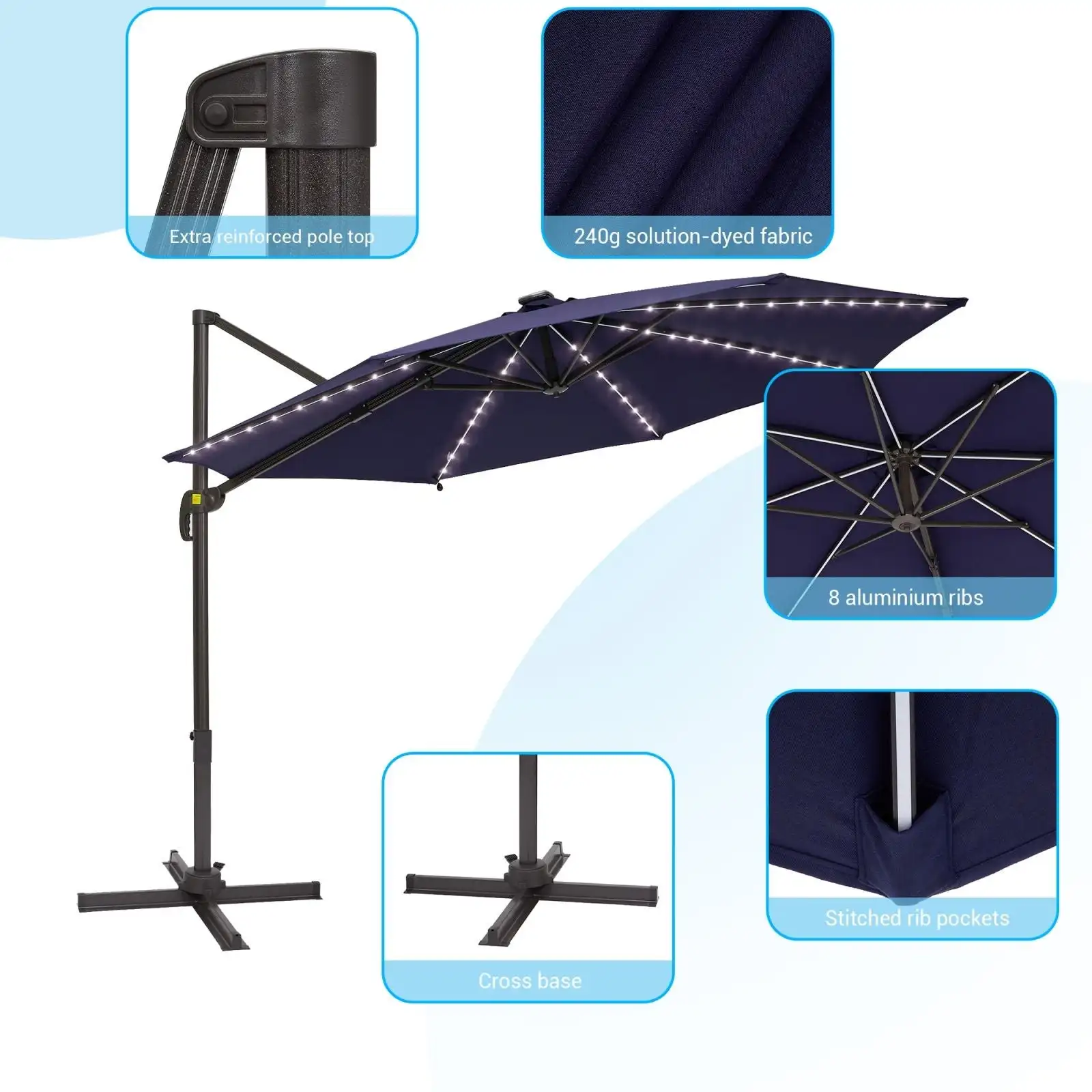 Высококачественный офсетный зонт для патио, подвесной светодиодный наружный офсетный зонт, Солнечный светодиодный консольный зонт для патио