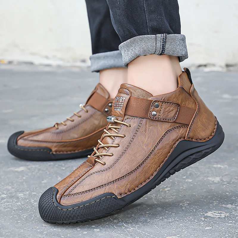 Factory Supply Custom LOGO Service Middle Top Anti-Slip Sole Men Fashion Casual Leather Boots