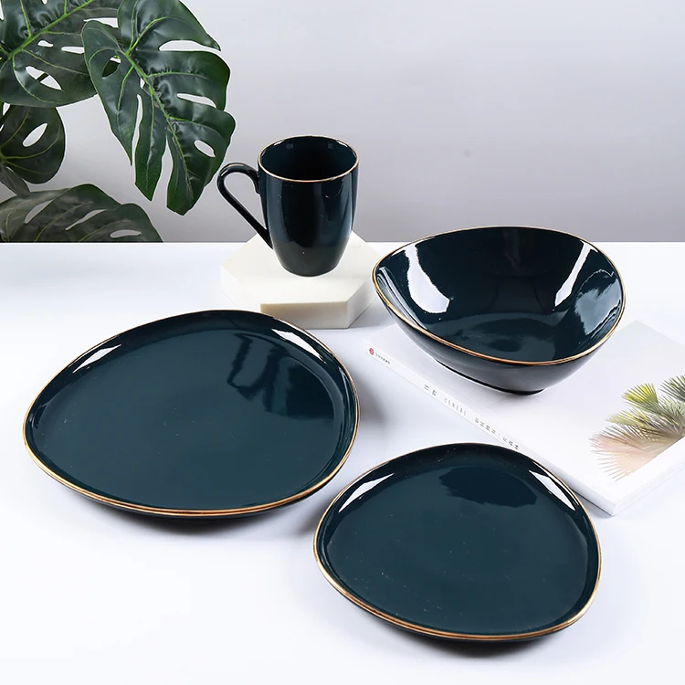 CANHUI Manufactory Direct Nordic Gold Rim Ceramic Dinnerware Set Home Green Oval 16pcs Porcelain Hotel Serving Tableware Sets
