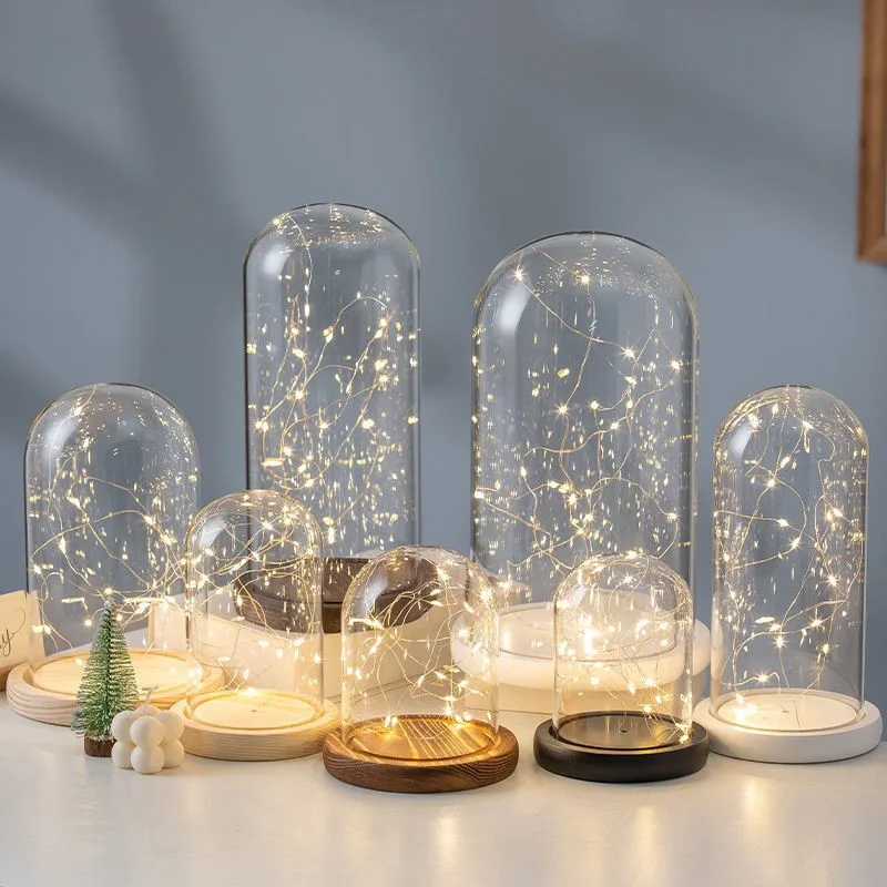 Eternal life flower anti dust glass cover LED light string base side independent metal switch glass dome with wood base