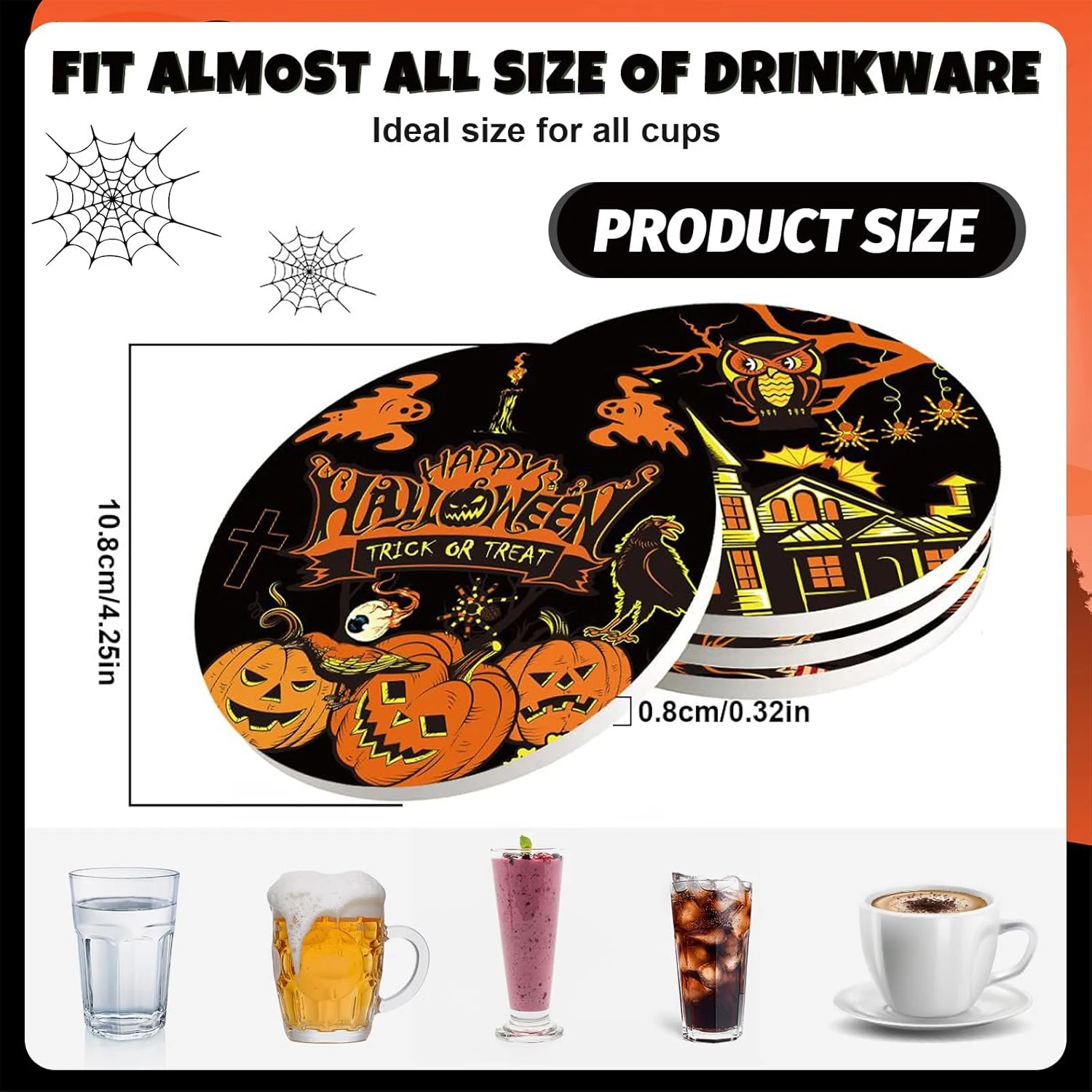Halloween Sublimation 4.25Inch Round Ceramic Coaster with Cork Round Square Absorbent Coaster Base for Tabletop Protection