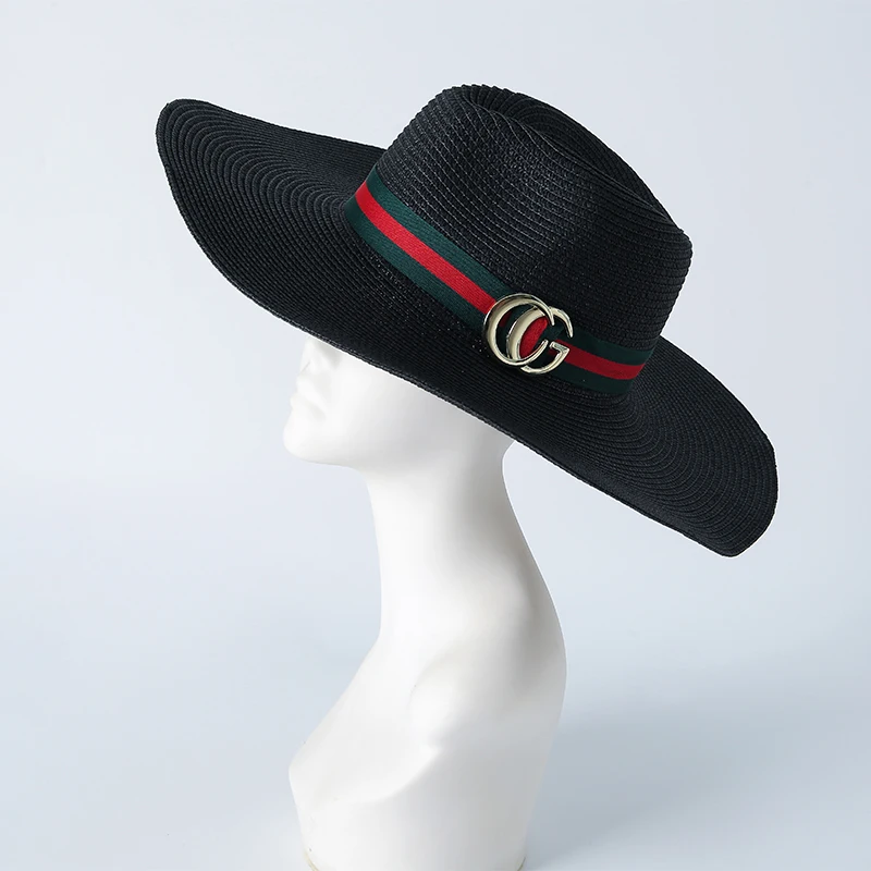 Green Red Striped Ribbon With metal Decorative Paper Straw Outdoor Hat For Women Men Wide brim Summer beach sunshade