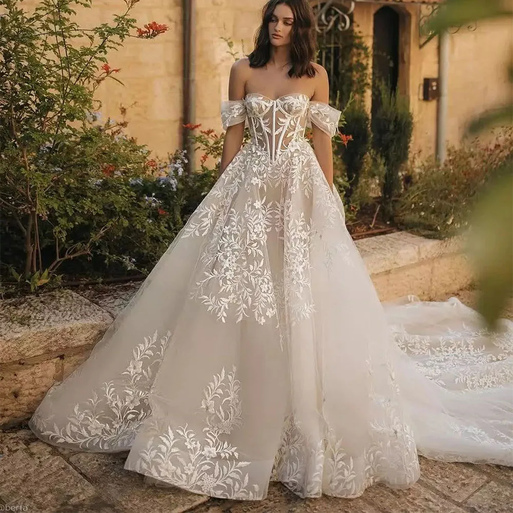 Luxury Wedding Dresses Lace Appliques Sweetheart Off the Shoulder A-Line Bridal Gowns Wedding Dress