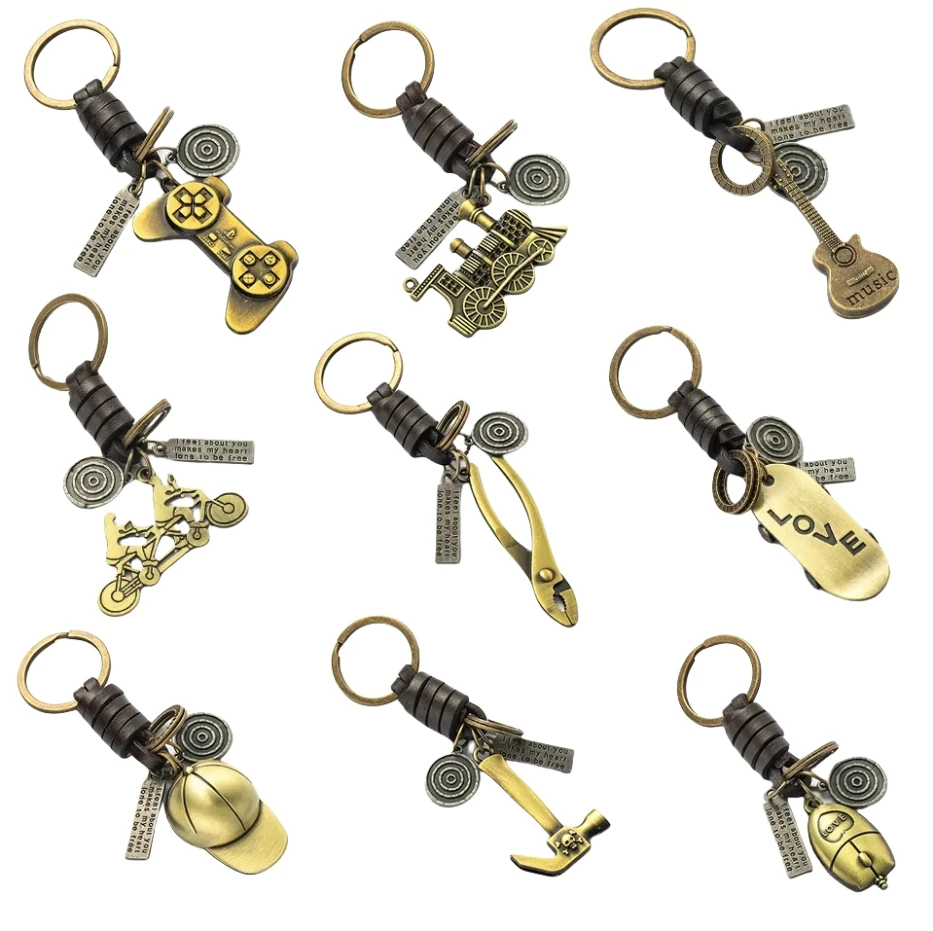High Quality Leather 3D Metal Keychain Punk Retro Style PU Leather Chain Keychain Creative Gift Car Metal Keychain gifts