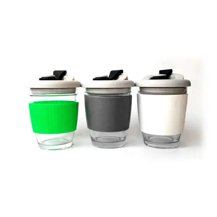 Hot sale Reusable Travel Heat resistant Glass Coffee cup / Coffee mug with lid and sleeve