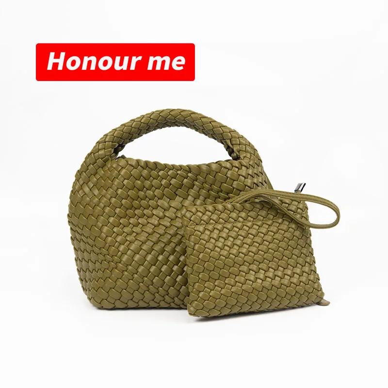 HONOUR ME Fashion Custom Make PU Woven Handbag Soft Leather Beach Crossbody Bag Hand Knitted Tote Bag