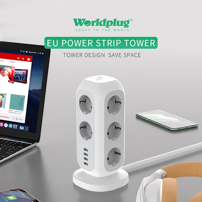 Worldplug 11 Way USB EU Surge Protector Tower Outlet Extension Power Strip with USB