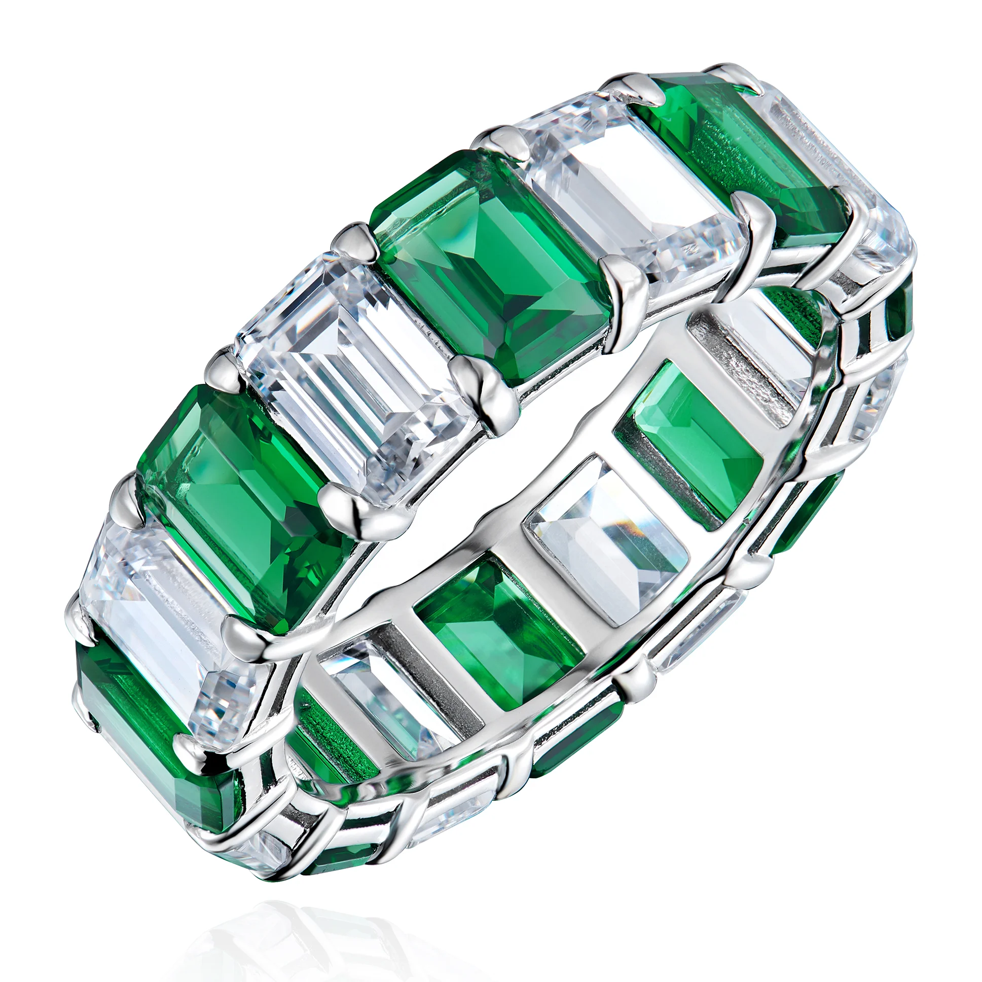 Hot selling 18k white gold plated  tennis eternity baguette ring emerald cut 925 sterling silver cz zircon rings