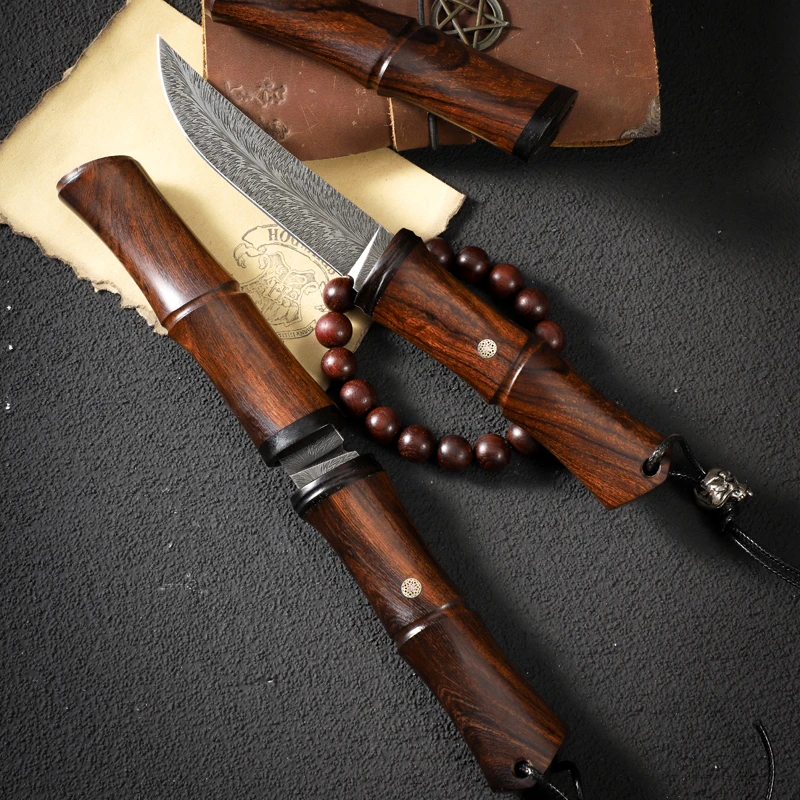 Amazing top quality Damascus steel Pocket Knife Forged feather patterned blade with American Desert Iron Wood