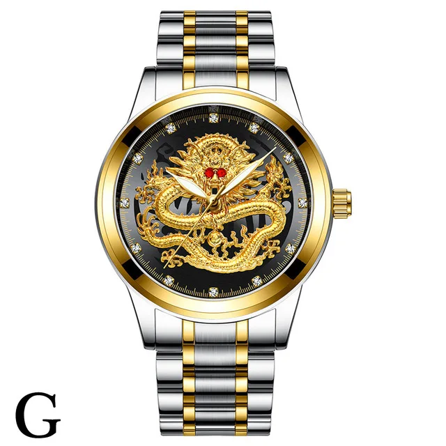 FNGEEN S336 Brand Men Watch 3D Dragon Face Gold Male Quartz Watches Stainless Steel Waterproof Full Solid Wristwatch