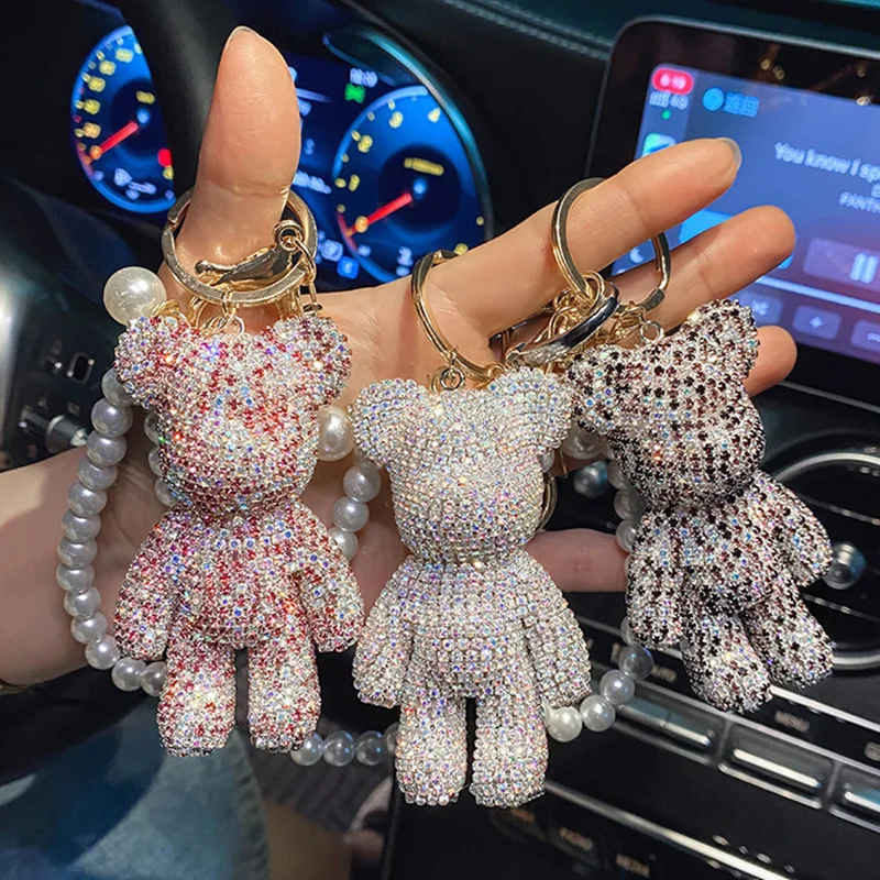 Pearl chain bear alloy key chain anime key buckle pendant crystal car key chain Luggage and bags case upholstery supplies dolls