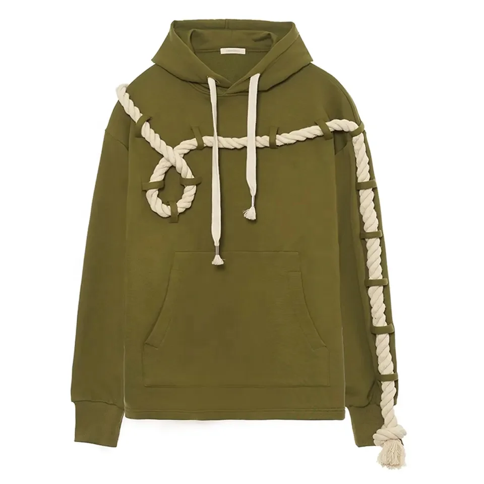 factory detachable coarse hemp rope knitted hoodie thick removable drawstring pullover oversized hoodie for men