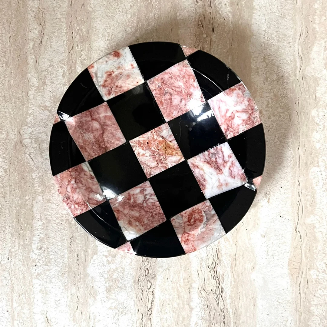 stonekocc Vintage Cigar Checkered Pink and Black Marble Ashtray Catchall Tray Storage Cigarette Outdoors Indoors Smoking Ashtray