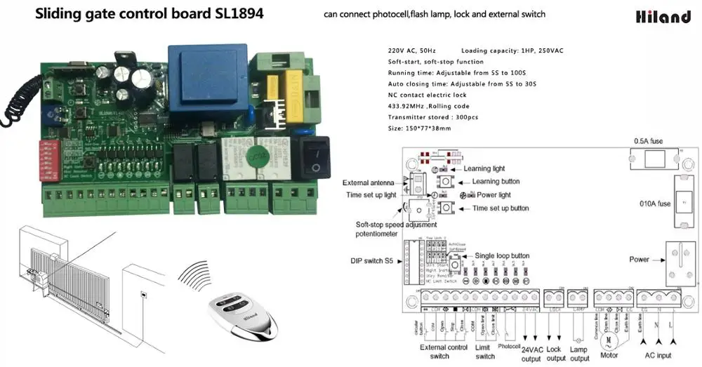 1HP Loading Capacity Sliding Gate Opener Control Board SL1894 with 300 Transmitters Stored