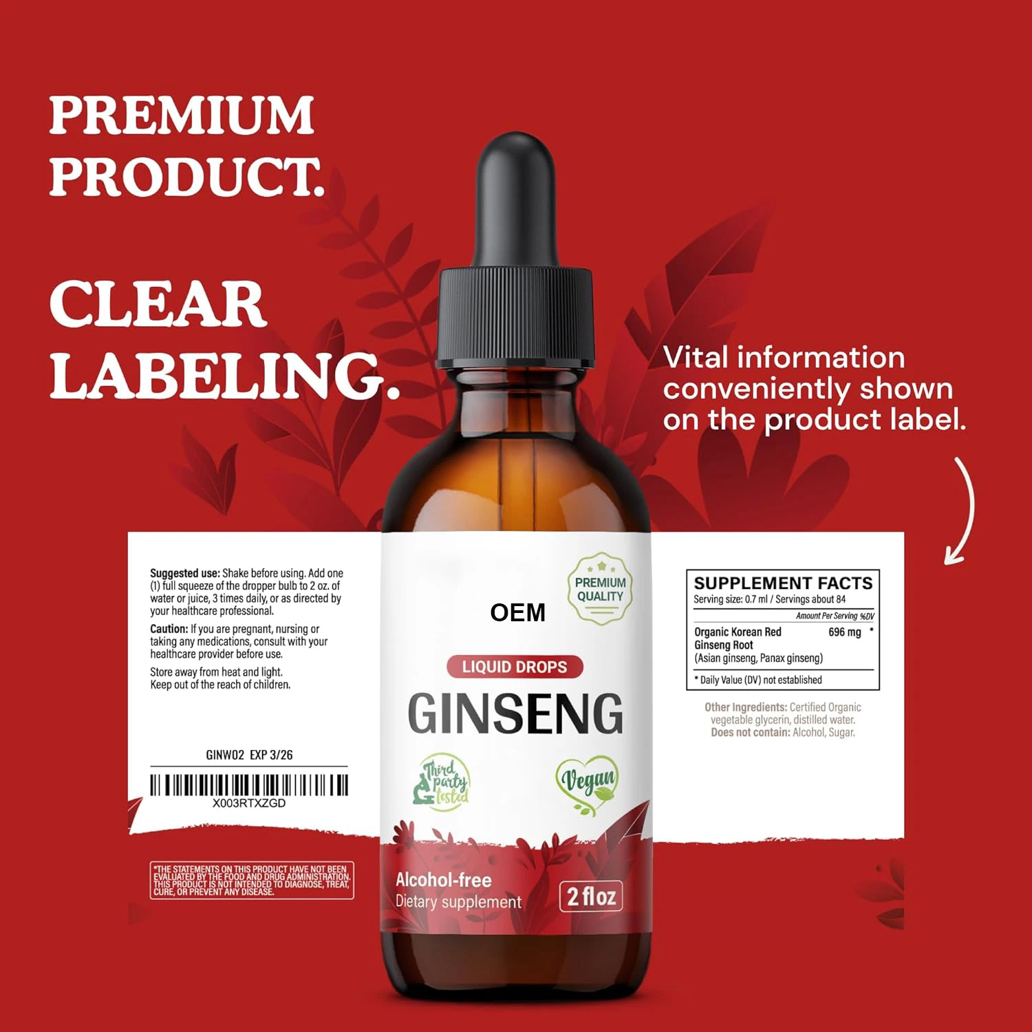 OEM Wholesale Organic Ginseng Panax Korean Red Panax Ginseng Extract Liquid for Energy Boost & Cognitive Function Focus