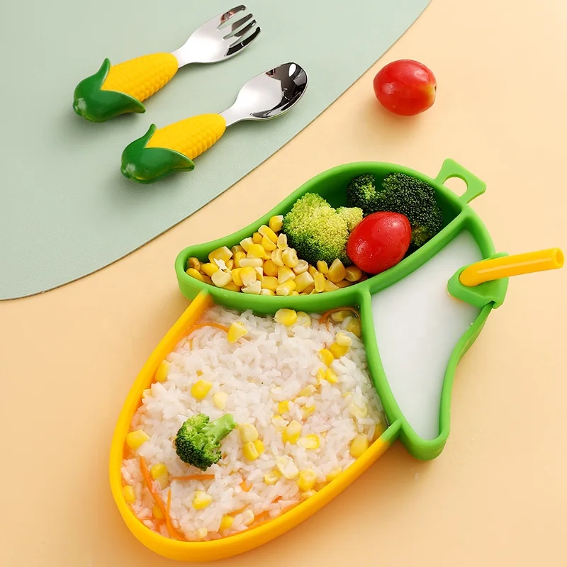 The Most Popular Cute Easy to Clean Food Grade Silicone Baby Plate with Fork and Spoon