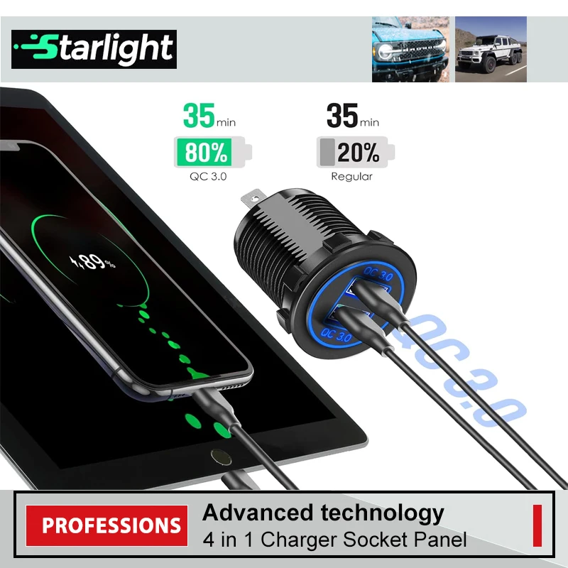 4 in 1 Charger Outlet Socket Panel with Dual QC 3.0 12V USB Power Outlet Voltmeter Gauge Cigarette Lighter Socket ON Off Switch