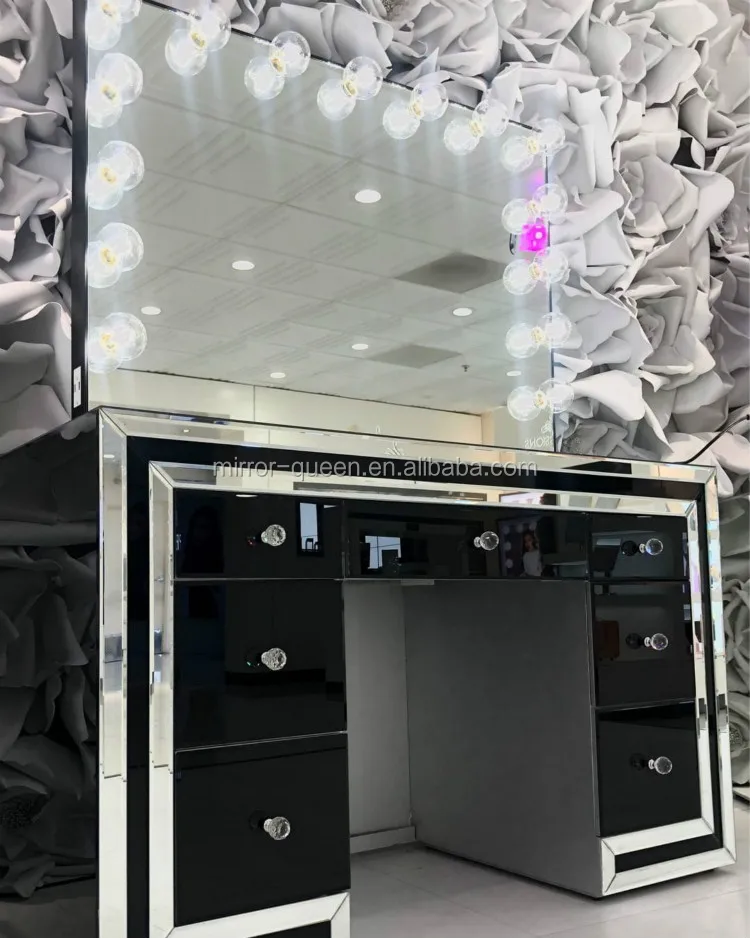 Hot Selling Makeup Vanity Set Mirrored Vanity Table Bedroom Dressing With Diamond Crystal With Hollywood lighted Makeup Mirror