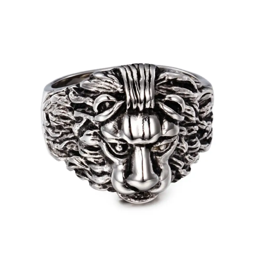 Stylish Plated 18K Gold Biker Finger Lion Head Ring, Wholesale Stainless Steel Lion Head Men Ring#